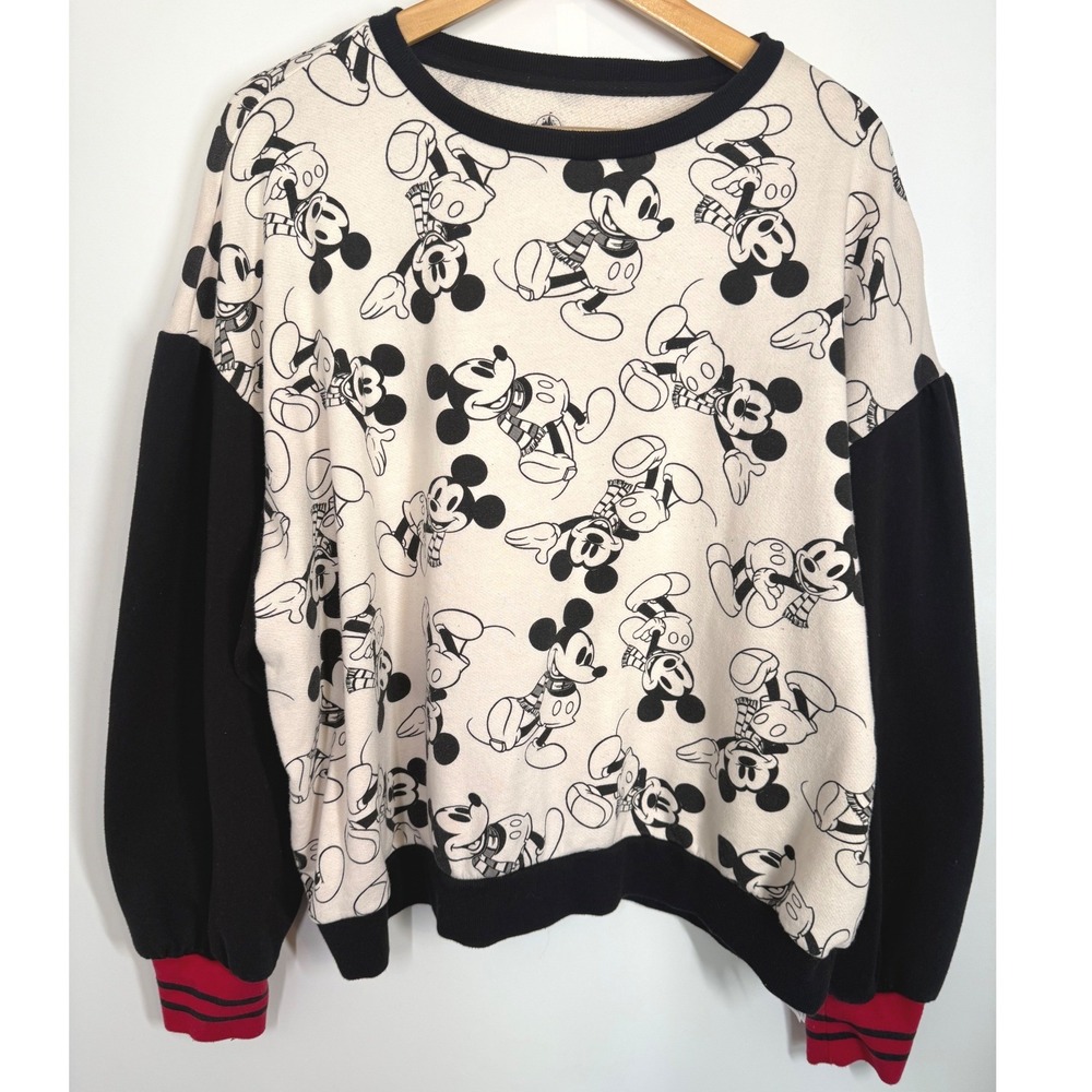Disney Parks Mickey‎ Mouse Print Black White Red Crewneck Sweatshirt Women's 1X